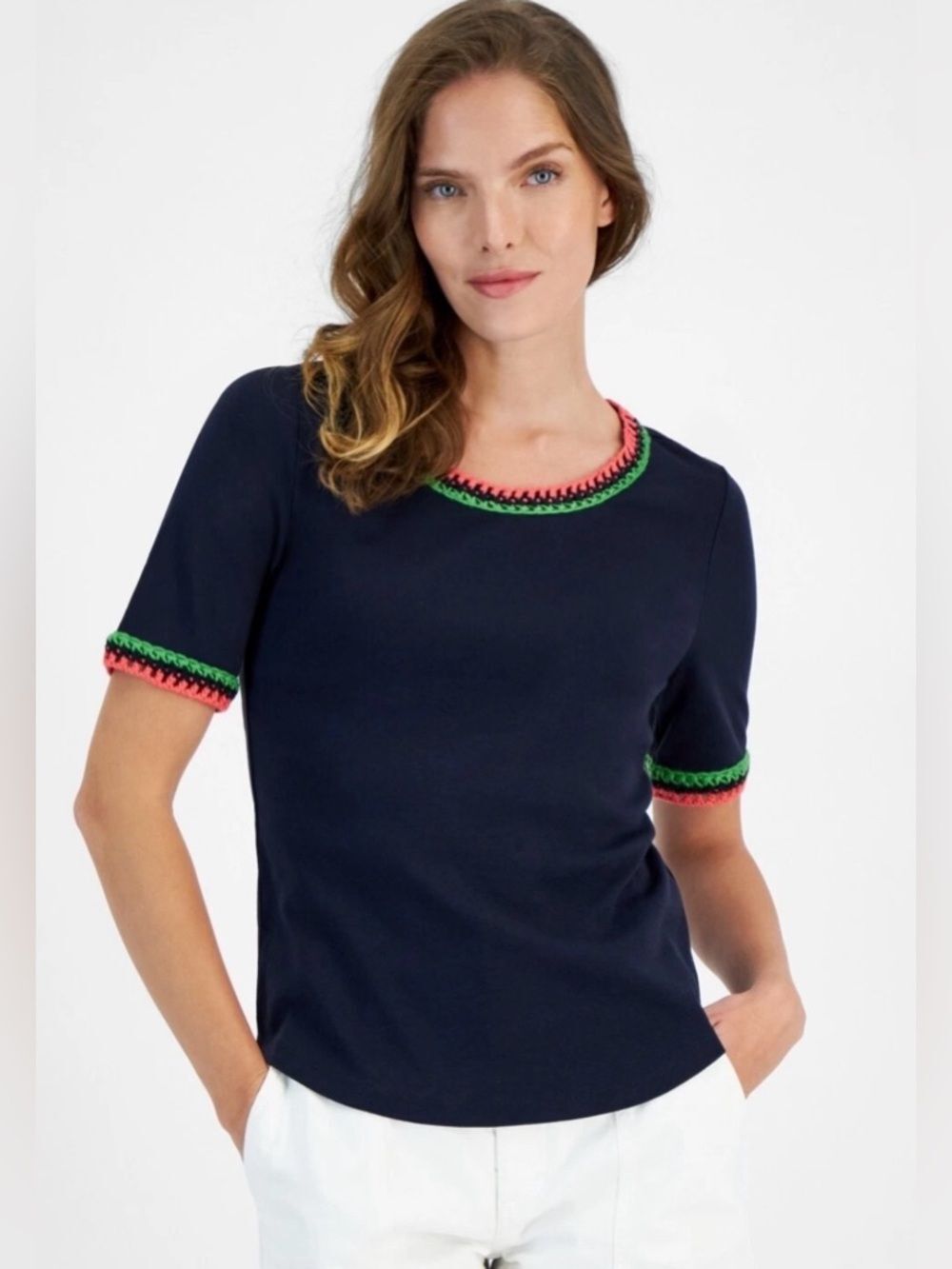 NWT Nautica Jeans Tee Size Medium Black Crochet Trim Short Sleeve Top